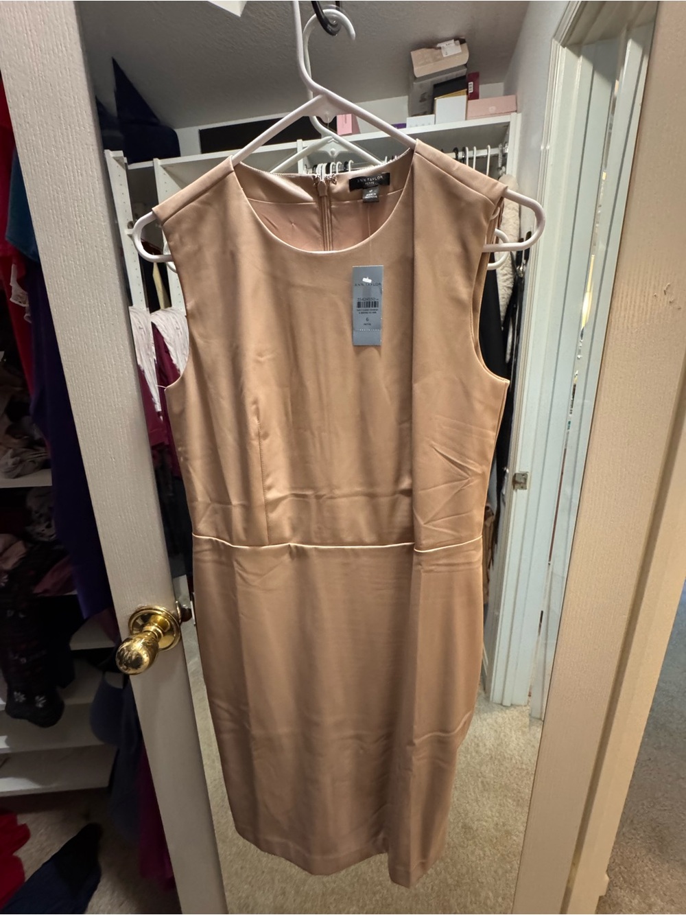 Ann Taylor Sleeveless Midi Sheath Dress in Blush Nude